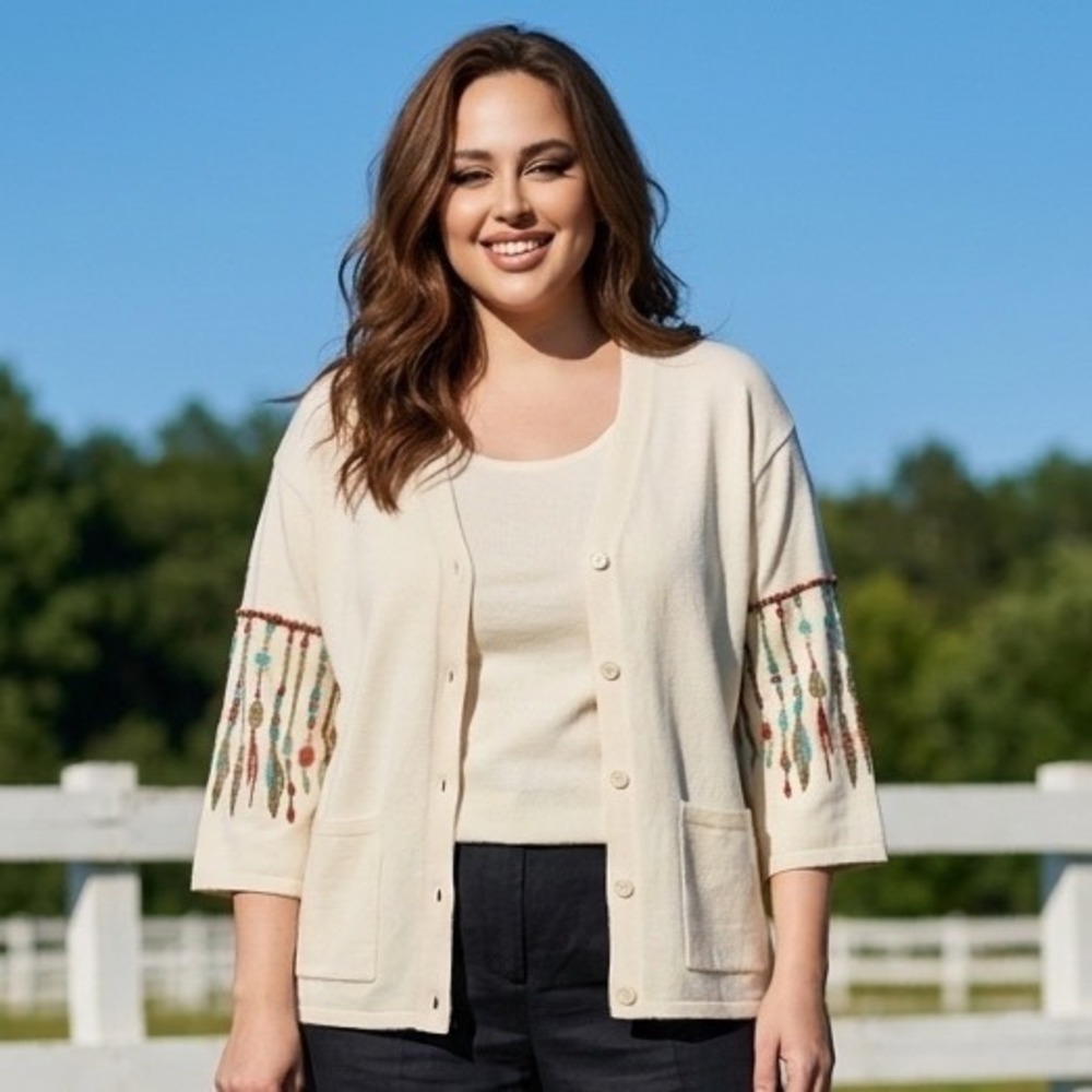 Bob Mackie Wearable Art Off White Boho Embroidered Dreamcatcher Cardigan 1X